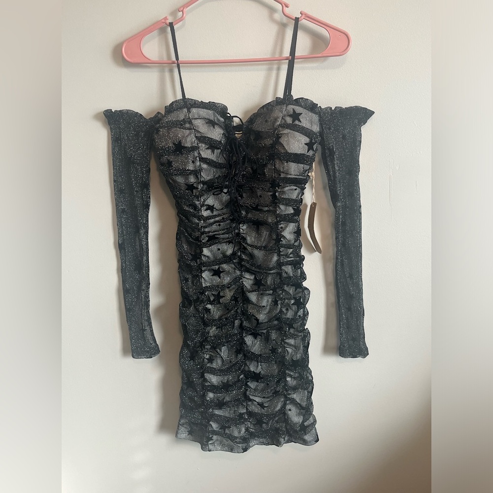 Size S Jella Couture Ruched Mesh Off Shoulder Sparkle Star Dress